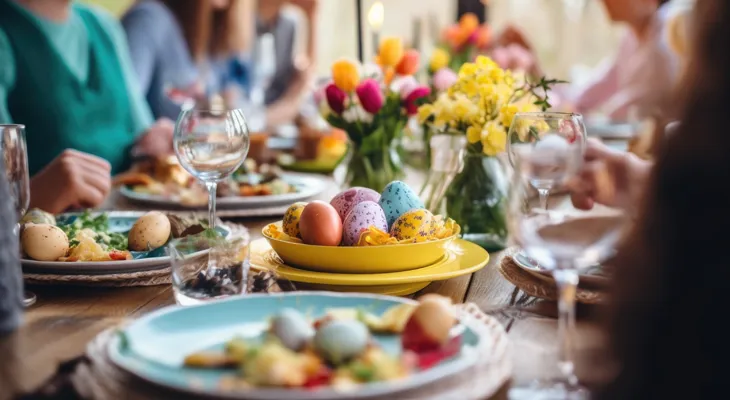 An Easter dinner decorated with colored eggs and florals